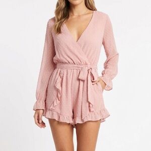 Whimsical Boho M Chiffon Romper Pink Swiss Dot Ruffle Faux Wrap NWT Cottagecore